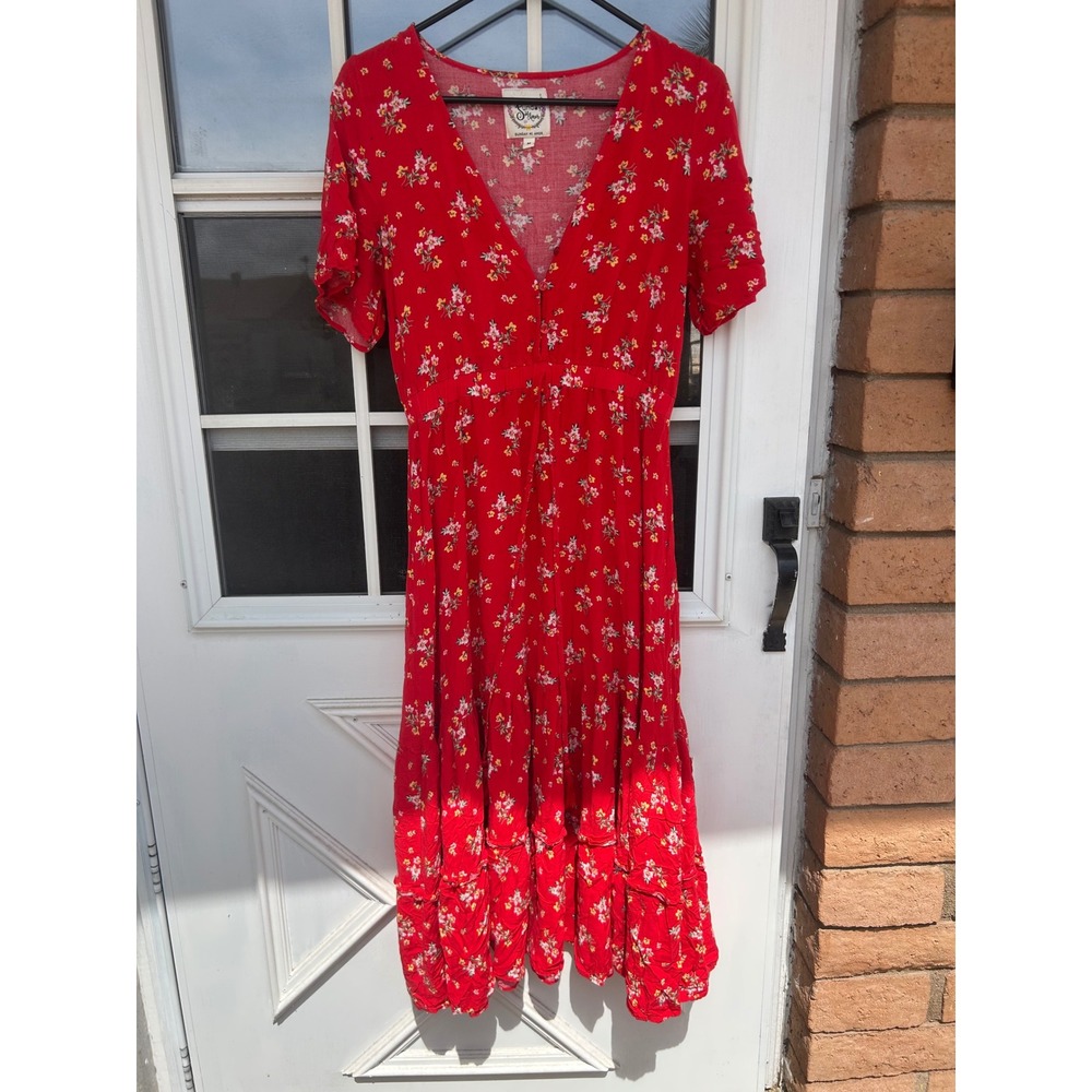 Sunday Mi Amor Red Floral V-Neck Tiered Ruffle Midi Sundress Medium Dainty Boho‎